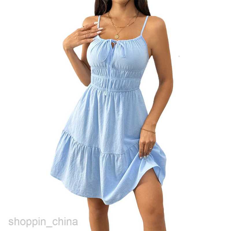 Basic Casual Women Dresses Elegant style sleeveless camisole dress, new summer waisted pleated A-line mid length skirt