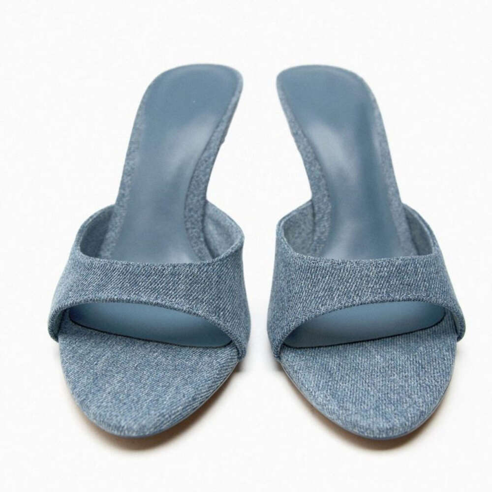 TRAF Denim Slippers 2023 Fashion High Heels Women Shoes Sexy Open Toe Pumps Modern Office Casual Sandals