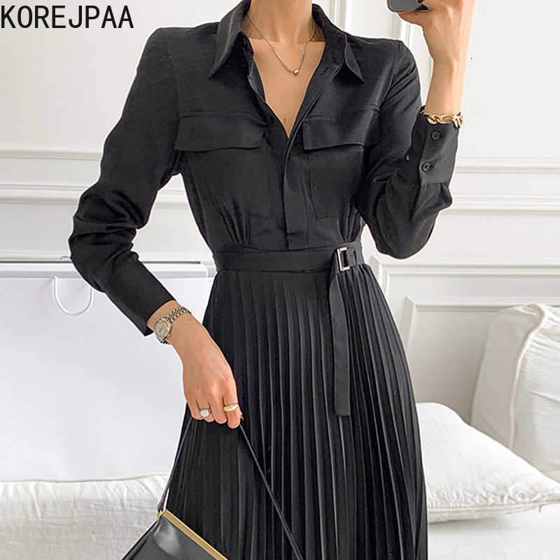 Korejpaa Women Dress Chic French Retro Lapel Single-breasted Printed Elegant Office Women's Pleated Dress Long Skirt Female 210526