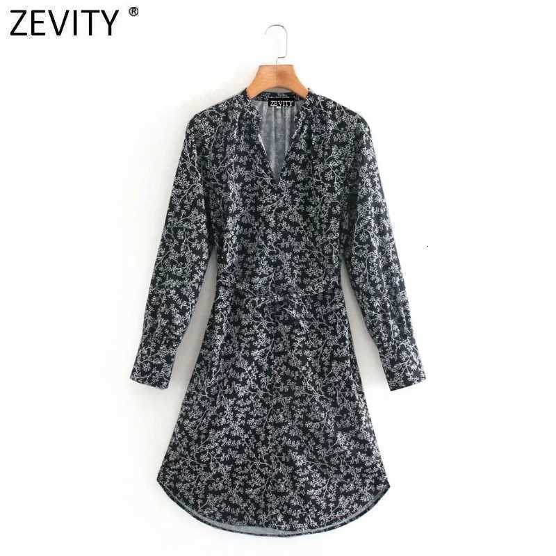 Zevity Women Fashion V Neck Digital Print Sashes Kneeth Dress Ladies Long Sleeve Chic Vestido Casual Retro Dresses DS4795 210603