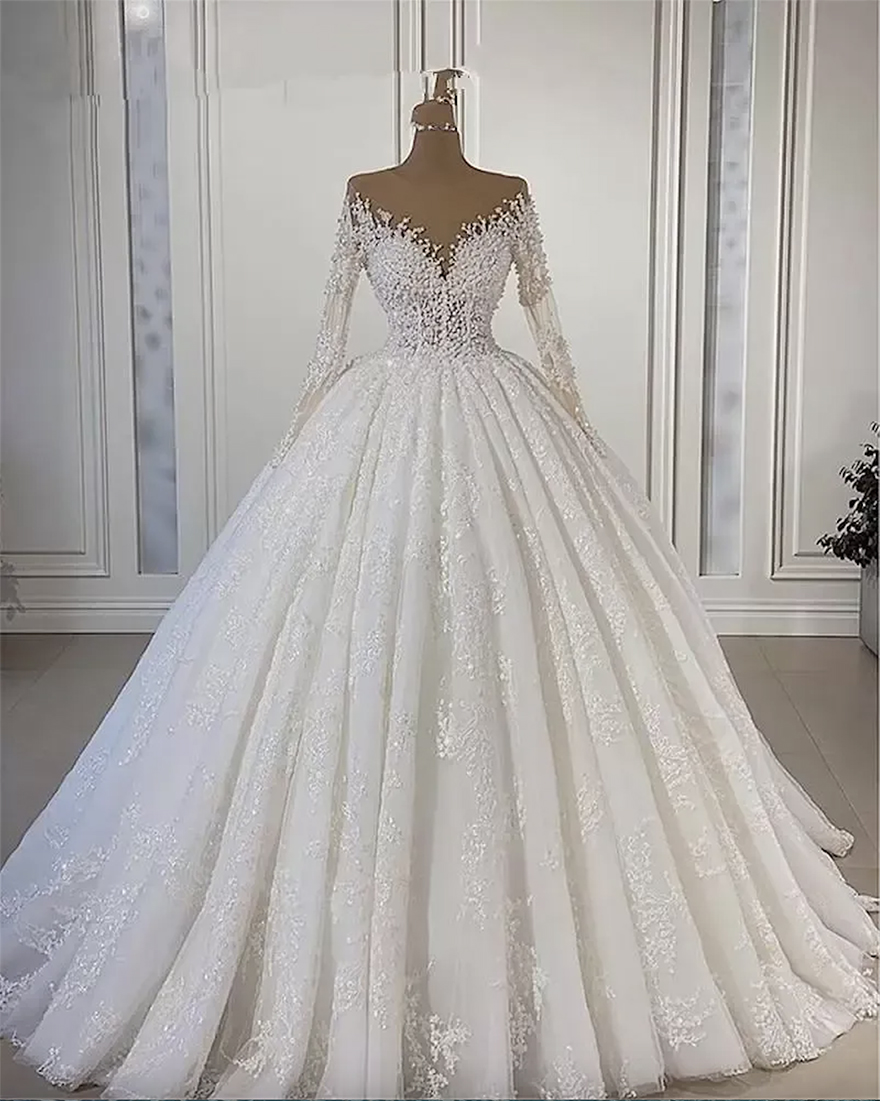 Bg Ball Gown Wedding Dresses Bridal Gowns Lace Appliques Jewel Neck Long Sleeves Illusion Crystal Beading or Length Vestidos De Novia Plus Size