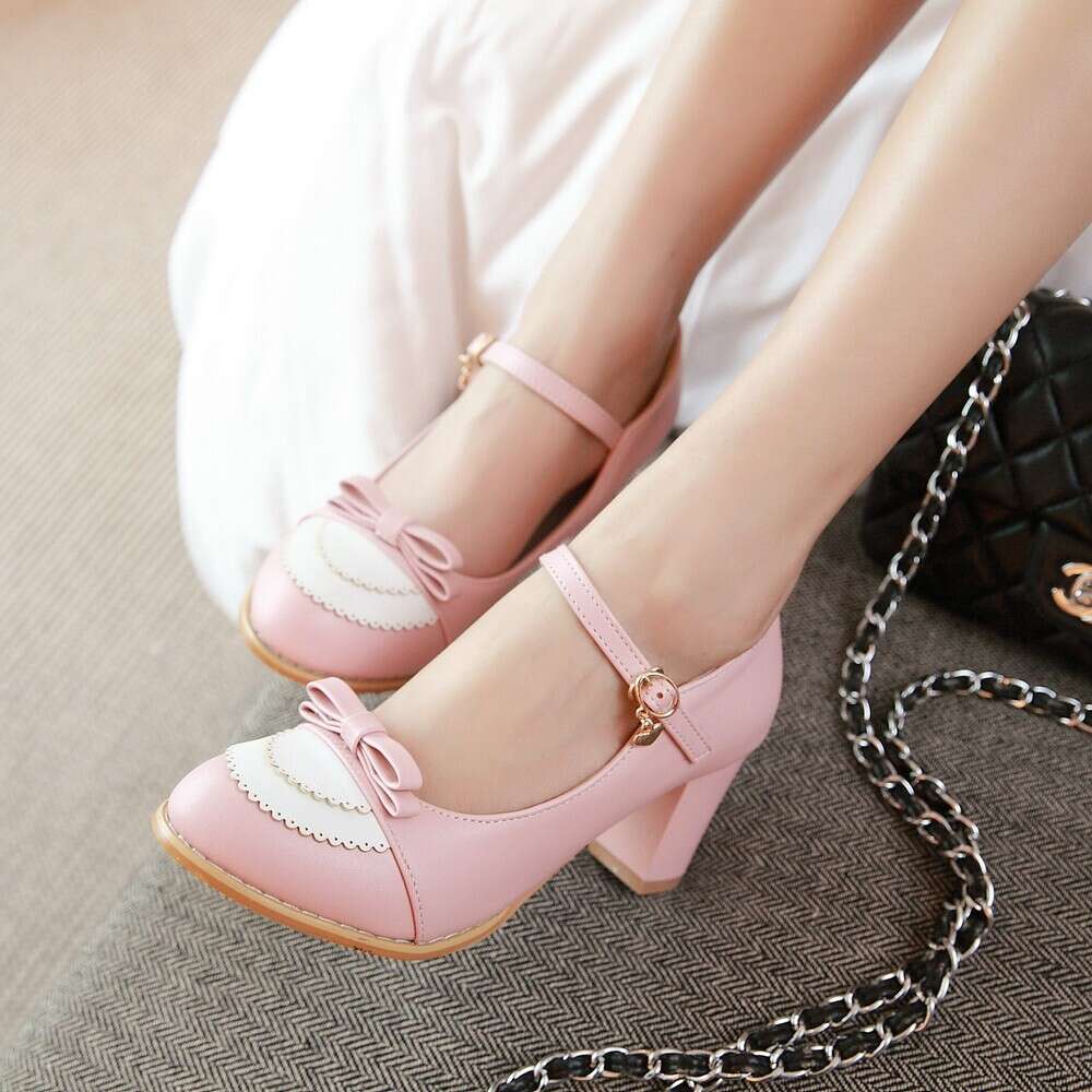 Mary Jane Women Heels Bow Thick High Heel Casual Ladies Pumps Pink Chaussures Femme Lolita Shoes 32-43
