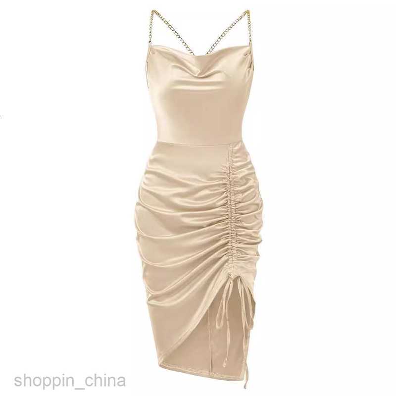 Basic Casual Women Dresses Summer US Station Women's Wear New Solid Color Pocket Neck Drawstring Sling Dress