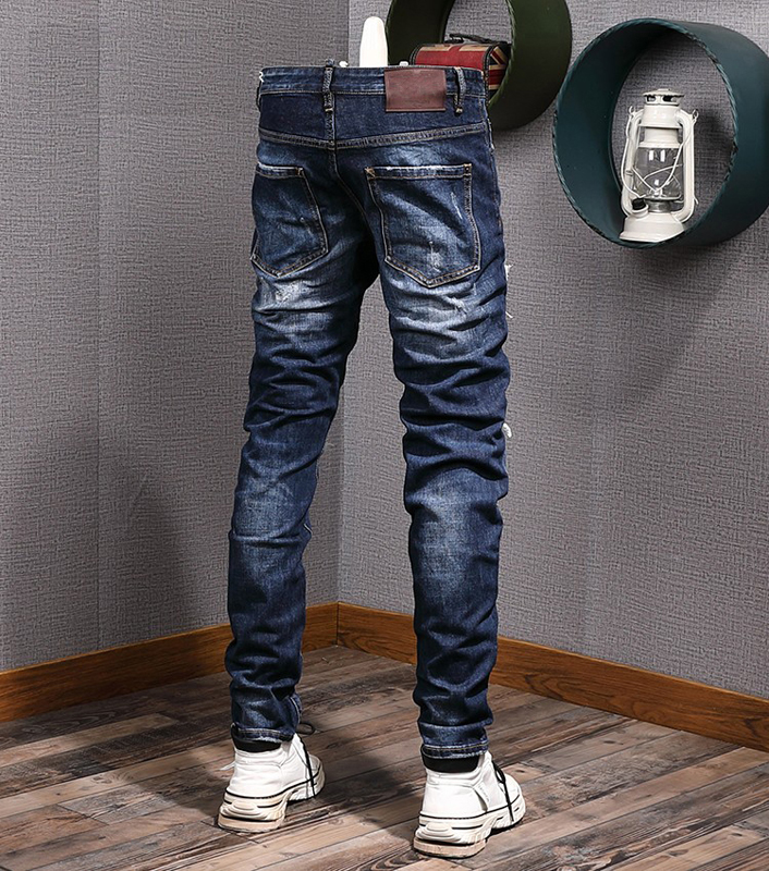 Fade Motocycle Jeans For Man Slim Fit High Street Denim Pants