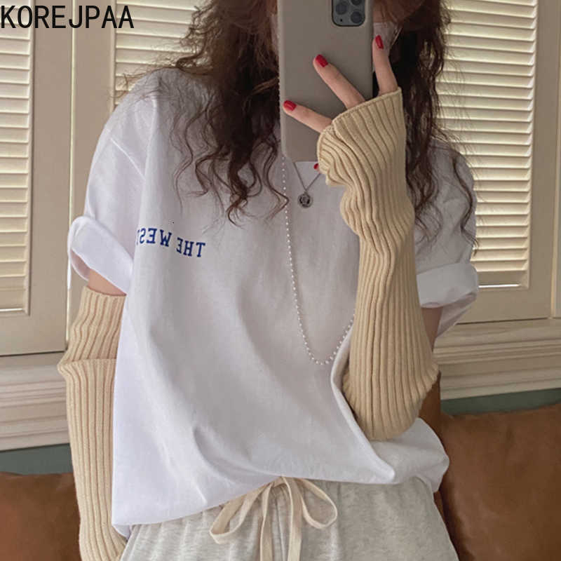 Korejpaa Women T-Shirt Summer Korean Chic Girls Simple Casual Basic Round Neck Contrast Letter Printing Loose Versatile Top 210526