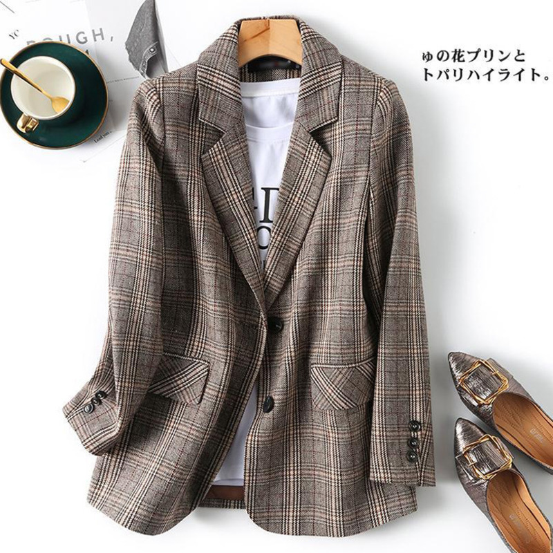 Womens Suits Blazers PEONFLY Vintage Single Breasted Office Ladies Plaid Blazer Long Sleeve Loose Coat Jacket Women Female 230209