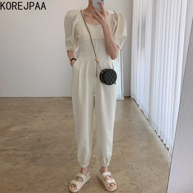 Korejpaa Women Jumpsuits Summer Korean Chic Ladies Temperament Square Collar High Waist Solid Color Puff Sleeve Trousers 210526