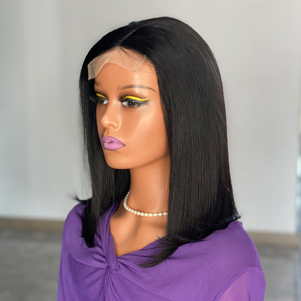 180 Density Bone Straight Bob Human Hair Wigs 13x4 Top Swiss Lace Glueless Wig Natural Black Smooth Straight Wig