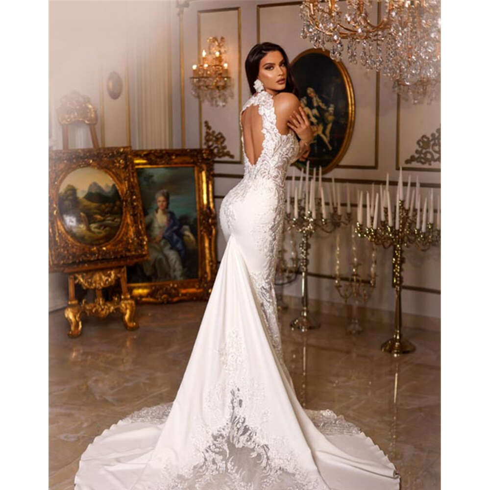 Halter Neck Sleeveless Sexy Mermaid special Dress Lace Appiques Soft Satin Backless Court Train Bridal Gowns Vestidos De Novia