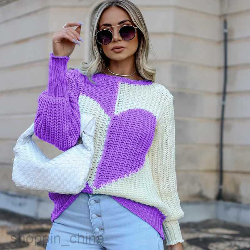 Women's Sweaters autumn and winter new women's elegant horn sleeve love contrast color knitted sweater