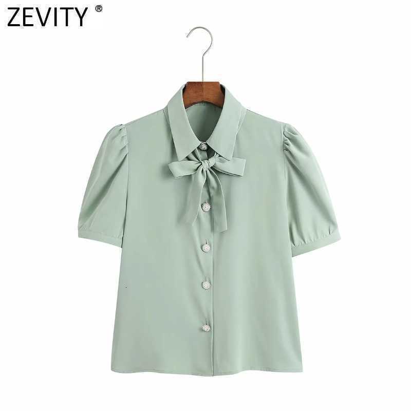 Zevity Women Sweet Bow Tie Solid Casual Shirt Office Lady Pleat Short Sleeve Blouse Roupas Chic Diamond Button Blusa Tops LS9415 210603