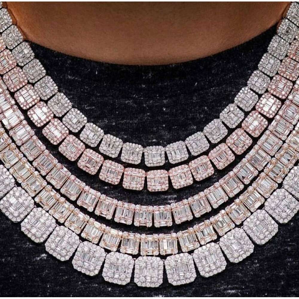 Rapper Jewelry Iced Out Baguette Cut Vvs Moissanite Dia Cluster Tennis Chain Sier Necklace for Men Women