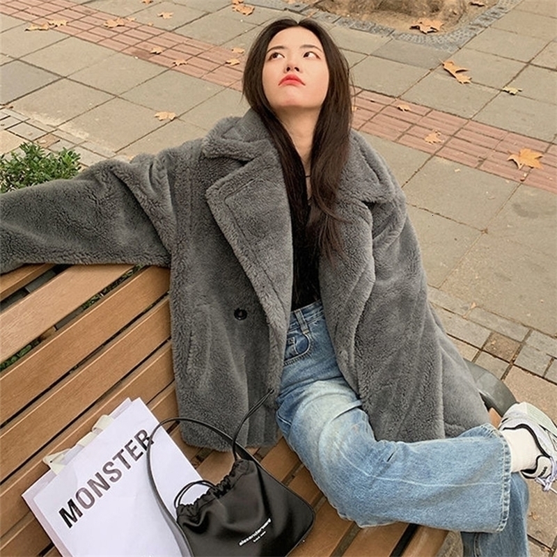 Womens Fur Faux Winter Warm Teddy Bear Coat Thick Long Turn Down Collar Casaco Feminino 220927