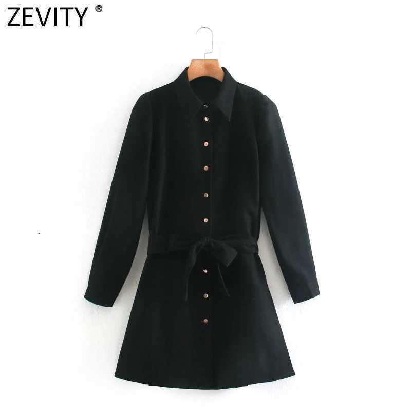 Zevity Women Vintage Single Breasted Long Sleeve Mini Shirt Dress Chic Lady Turn Down Collar Black Vestido Casual Dresses DS4779 210603