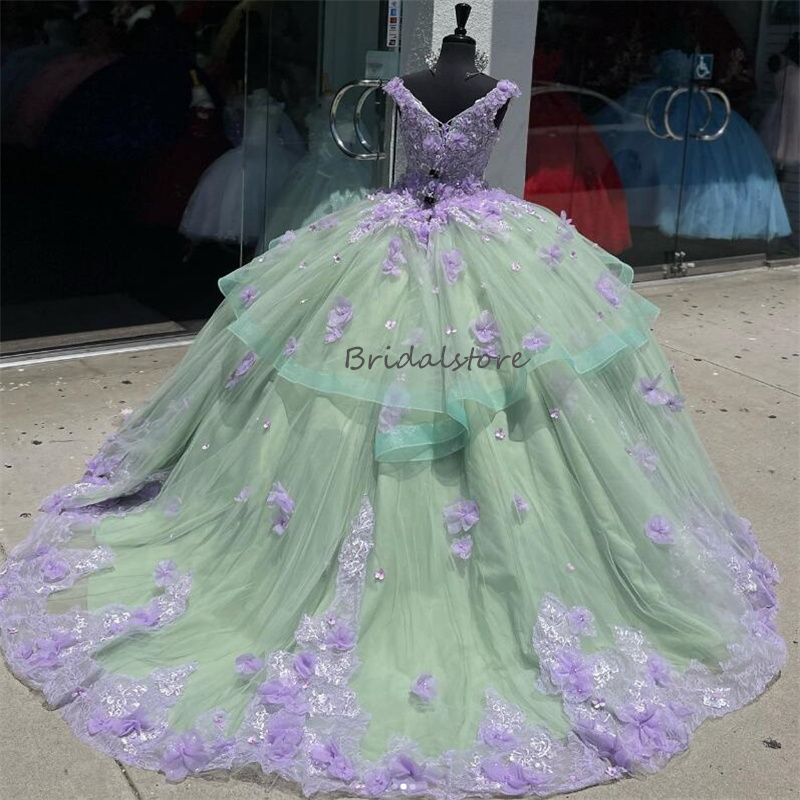 Gorgeous Green Quinceanera Dresses With Lilac 3D Florals 2024 Vestidos Charro Mexica Quinceanera Masquerade Sixteen V Neck Tulle Birthday Party Vestid