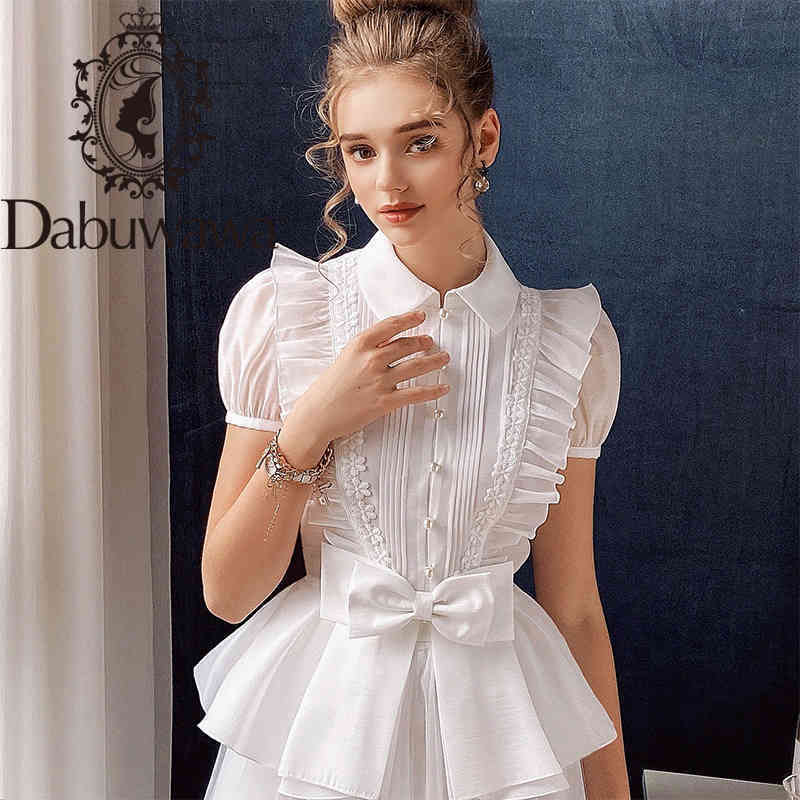 Dabuwawa Elegant Lace Blouse Shirt Women Ruffles Puff Sleeve Bow Blouse Female Summer Tops Office Lady Pearl Button DO1BST002 210520