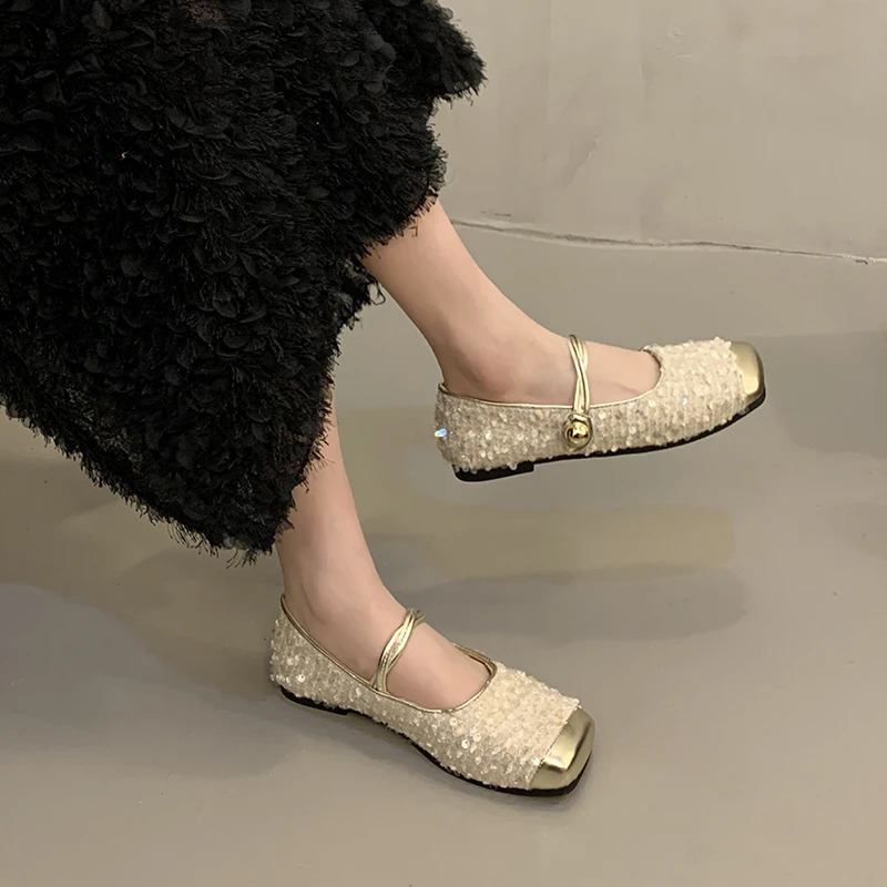 Sequin silver light mouth single shoe for womens Korean casual fashion womens soft flat Mary simple shoe slider 240614