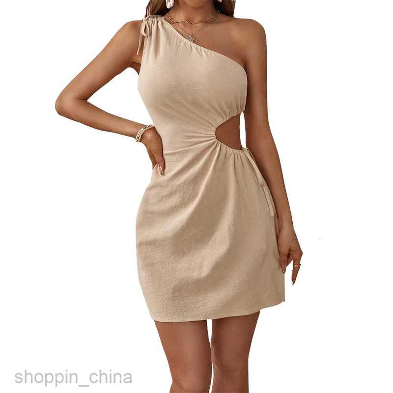 Basic Casual Women Dresses Ins2024 Sexy Shoulder Design Feeling Oblique Shoulder Tie Waist Hollow A-Line Dress for Women