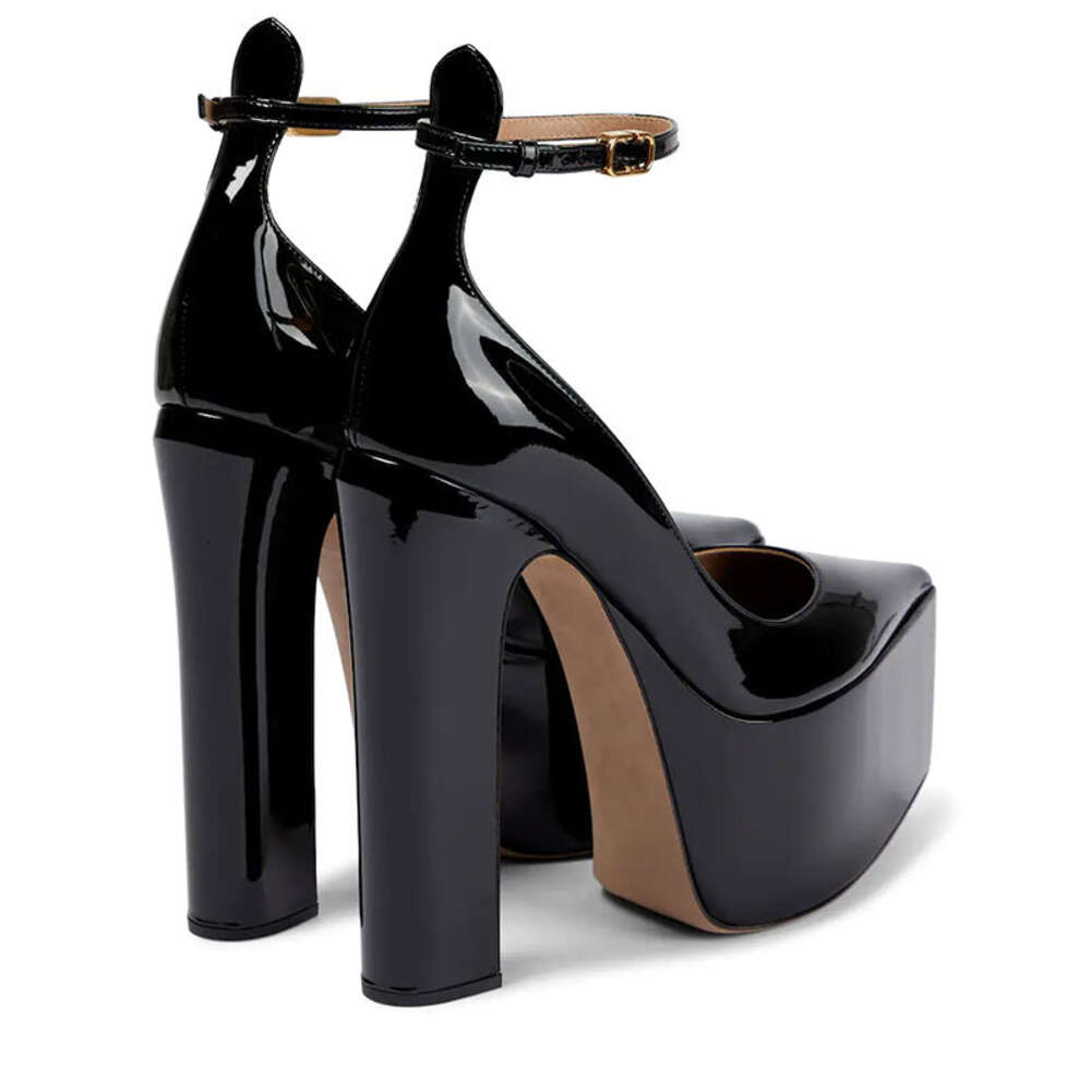 Chunky Heel Pumps for Women - Black Leather Ankle Buckle Strap Pointed Toe Fashion Shoes 4 a697a