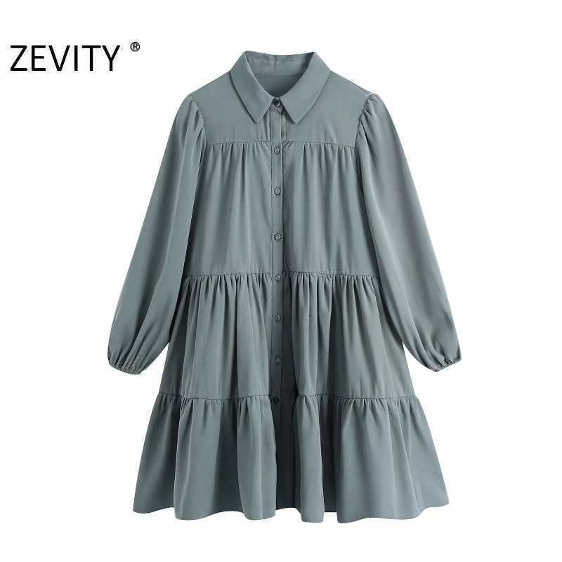 Zevity Autumn Women Fashion Turn Down Collar Solid Color Pleats Shirt Dress Office Lady Chic Puff Sleeve Business Vestido DS4565 210603