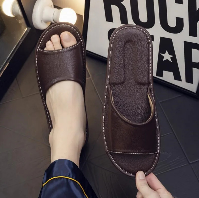 Real Cow Leather Sliding Block Indoor Sliding Block House Summer Open Toe Sandals Mens Casual Sliding Block Shoes 240612