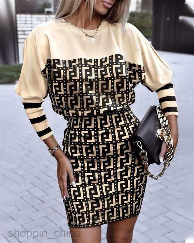 Basic Casual Women Dresses Women's Autumn New Round Neck Long Sleeve Printed Waist Commuter Dress