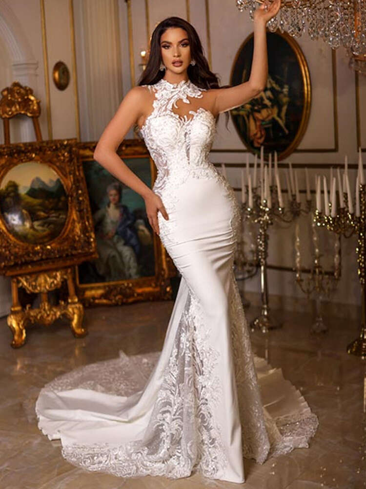 Sleeveless Halter Neck Sexy Mermaid Wedding Dress Lace Appiques Soft Satin Backless Court Train Bridal Gowns Vestidos De Novia