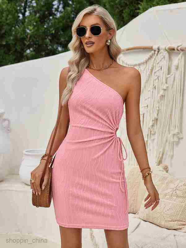 Basic Casual Women Dresses Summer Fashion Slant Neck Casual Women's Solid Color Waist Hollow Sleeveless Dress Short Skirt