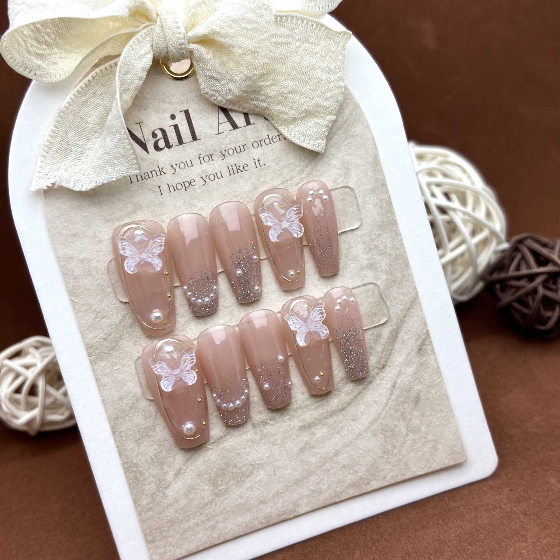 Girls False Nails Fairy Bow Handmade Wearable Nail Mesh Red Charm Showcase White Mid length Wearable Nail Panel 240530