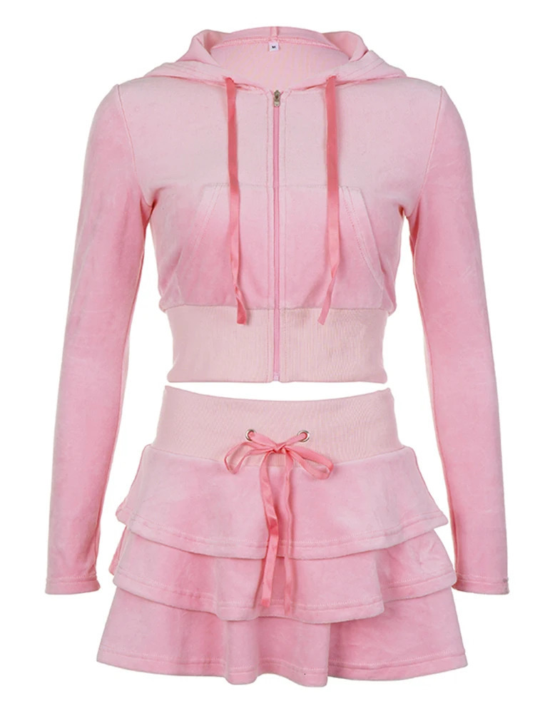 Weekeep Sweet Velvet Pink Women Suit Autumn Winter Hooded Zip Up Crop Sweatshirt and Loose Mini Skirt Two Piece Sets y2k Outfits 240601