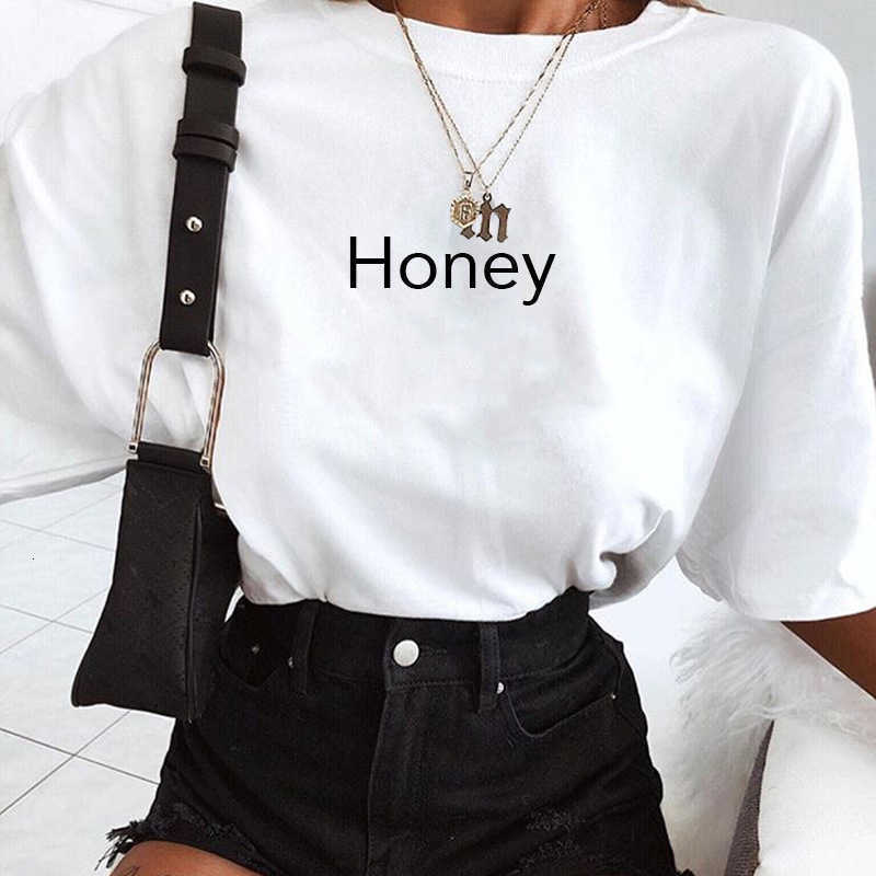 Casual 100% Cotton Women T-Shirt O-Neck Short Sleeve Honey Letter Print Fashion Summer Female Tees W730 210526