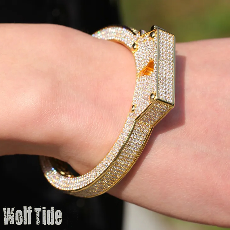 Wolf Tide Iced Out Cubic Zirconia Handcuff Bangle Bracelet Real Gold Plated Lovers Hip Hop Punk Rock Bling CZ Stone Openc Cuff Bangles Jewelry Gifts f