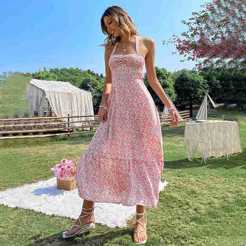 Basic Casual Women Dresses Sexy style neck hanging sleeveless dress, waisted backless pullover, A-line floral long dress for women