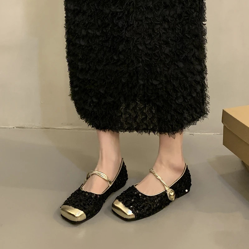 Sequin silver light mouth single shoe for womens Korean casual fashion womens soft flat Mary simple shoe slider 240614