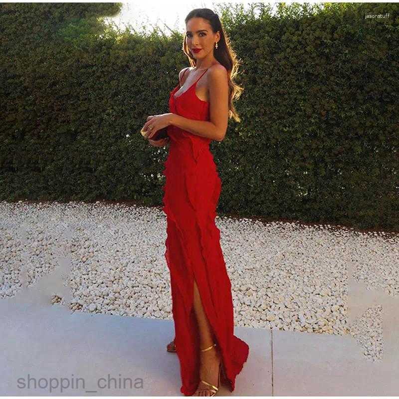 Casual Dresses Women Elegant Deep V Neck Maxi Dress Sexy Ruffles Backless Party Club Fashion Ladies Beach Split Sundress Vestidos 7654D