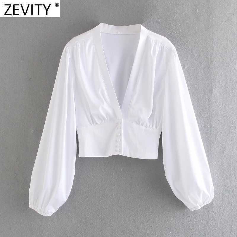 Zevity Women V Neck Black White Color Short Smock Blouse Female Lantern Sleeve Slim Court Shirts Chic Pearl Buttons Tops LS9268 210603