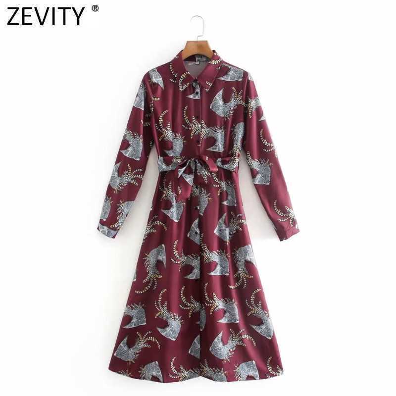 Zevity Women Fashion Animal Print Bow Tied Sashes Shirt Dress Office Ladies Turn Down Collar Vestidos Casual Midi Dresses DS4784 210603