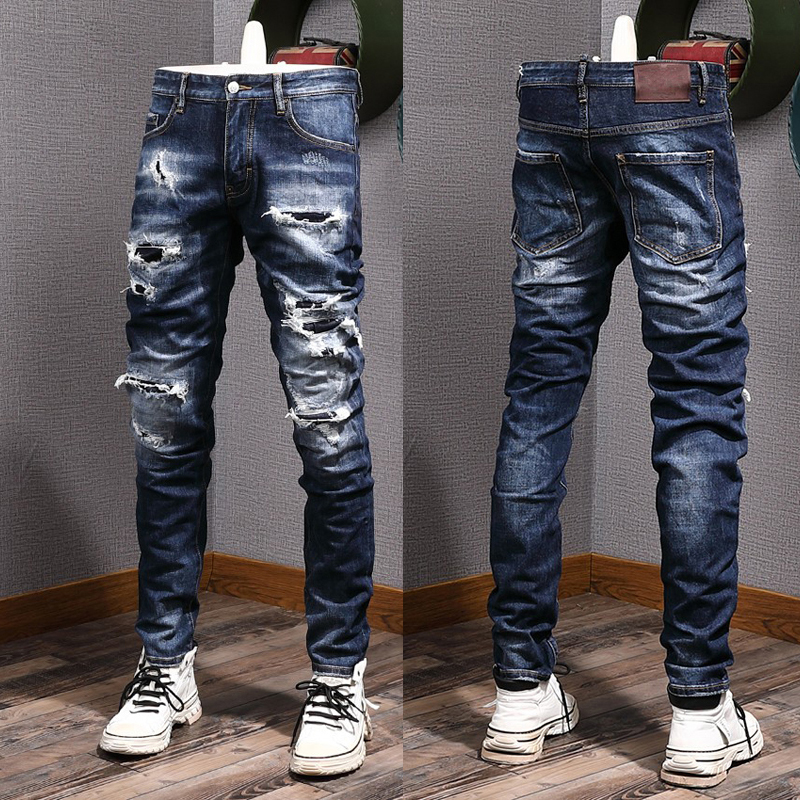 Fade Motocycle Jeans For Man Slim Fit High Street Denim Pants