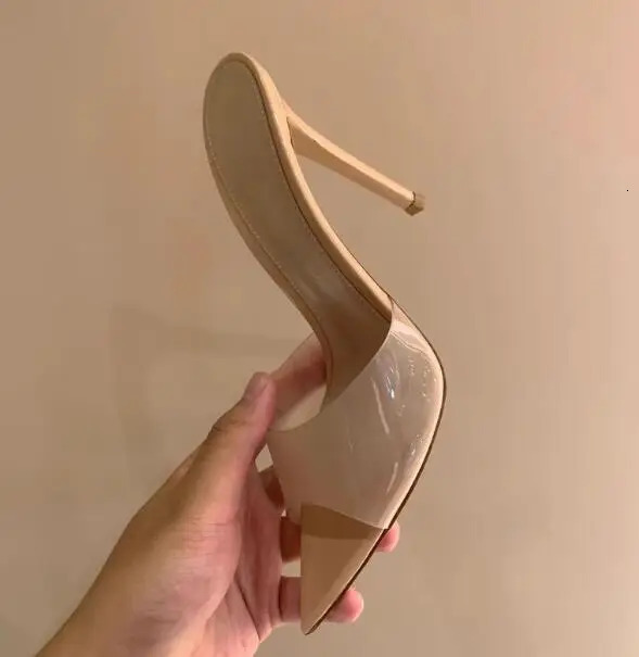 Sexy Women French Nude Shiny Patent Leather Pointed Peep Toe Shallow Slip On Slippers 5 8 10 CM Thin Heels Slide Party Sandals 240614
