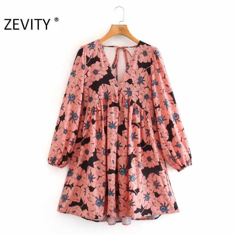 ZEVITY women vintage v neck tropical flower print mini dress female sexy backless elastic vestido chic casual dresses DS4502 210603