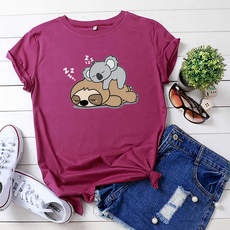 S-5XL Kawaii Lazy Sloth Koala Women T-Shirt Casual Loose Short Sleeve Summer Tees Top Female Clothing Plus Size W875 210526