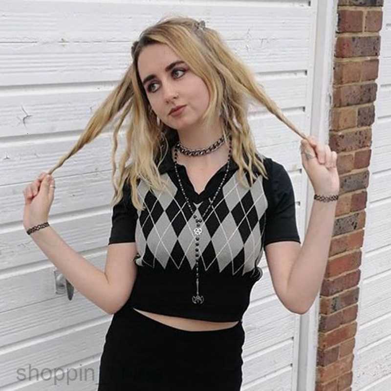 Women's T Shirt Autumn and winter New Wool Women's sexy check color contrast short sleeveless vest top tees