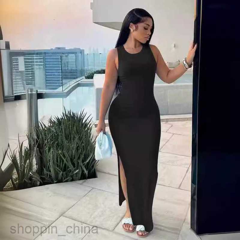 Basic Casual Women Dresses Women's Commuter Style Long Skirt Sleeveless Round Neck Waist Split Dress