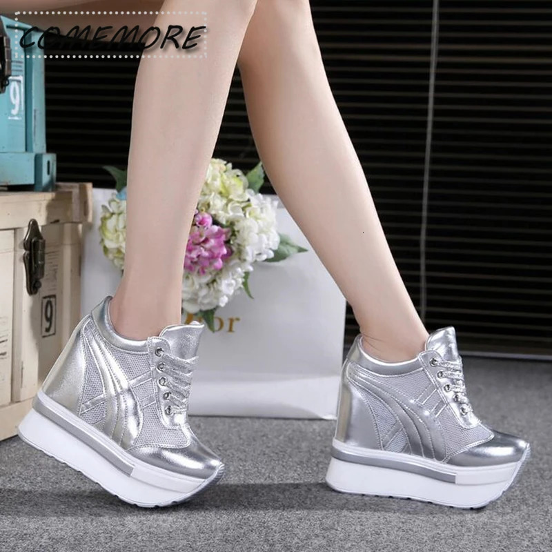 Classic Womens Mesh Platform Sports Shoes White Shoes 10CM High Heel Wedge Outdoor Breathable Casual Shoes Autumn Round Toes 240614