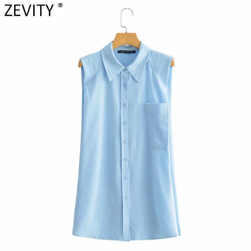 Zevity Women Simply Breasted Solid Color Sleeveless Vest Shirt Office Ladies Pocket Blouse Roupas Chic Chemise Tops LS9278 210603