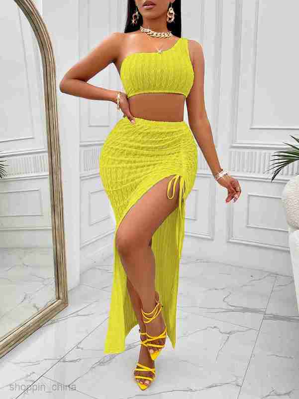 Two Piece Dress Sets New Women's Wear Summer Casual Solid Color Slanted Neck Dress Split Set