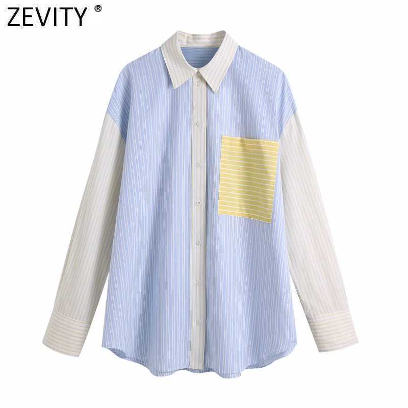 Zevity Women Fashion Striped Print Patchwork Shirts Office Lady Long Sleeve Business Blouse Roupas Chic Chemise Tops LS9376 210603