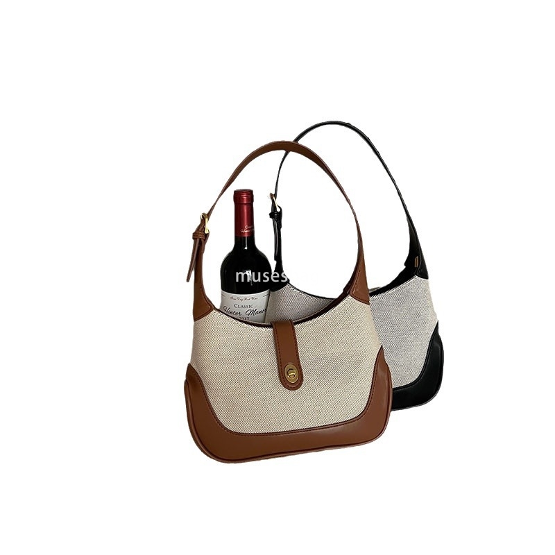 Advanced two-color patchwork retro canvas bag for commuting portable single shoulder underarm bag contrasting color handbag high-quality law stick bag