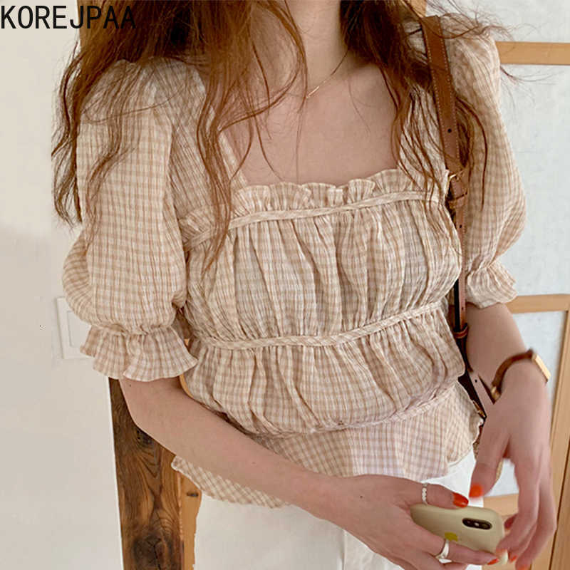 Korejpaa Women Shirt Summer Korean Chic Gentle Sweet Square Collar Plaid Wood Ear Stitching Pleated Puff Sleeve Blouses 210526