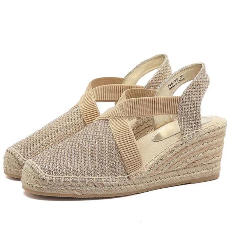 2024 Summer Womens Wedge Fisherman Shoes Retro Womens Straw Thick Platform Sandals Womens Gold Pink QM8-23 240612